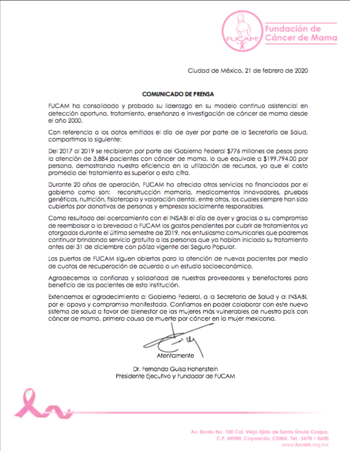 Fucam e Insabi logran acuerdo para mantener atención a mujeres con cáncer