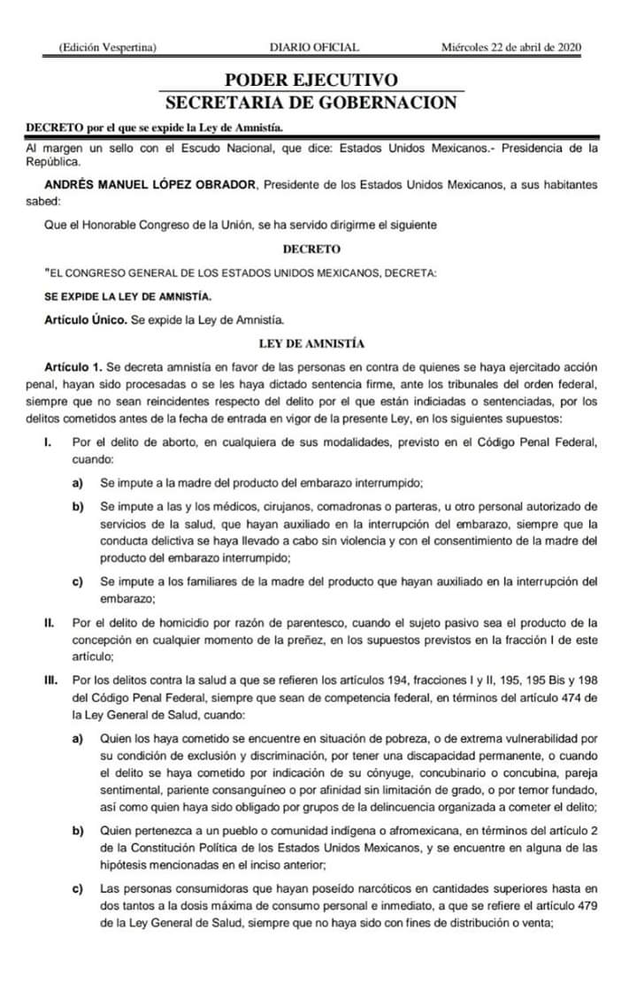 ENTRA EN VIGOR «LEY DE AMNISTÍA»; PODRÍAN SER LIBERADAS PERSONAS SENTENCIADAS, QUIENES ESTÉN SUJETAS A PROCESO O INCLUSO SI ESTÁN PRÓFUGOS SE PODRÁ ORDENAR EL DESISTIMIENTO DE LA ACCIÓN PENAL