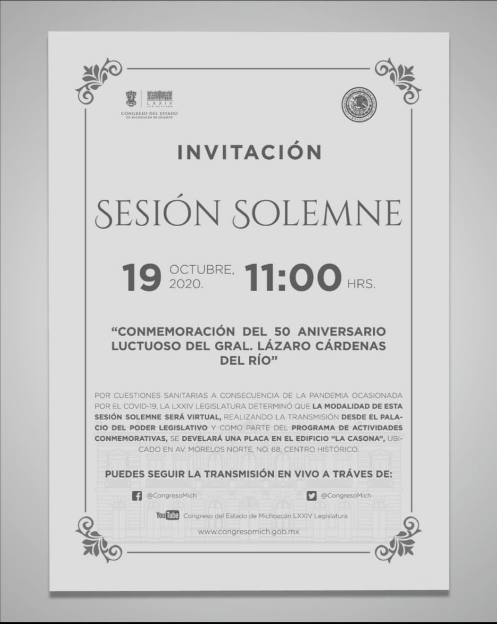 LA DIPUTADA, SANDRA LUZ VALENCIA, LES INVITA A LA SESIÓN SOLEMNE POR EL 50 ANIVERSARIO LUCTUOSO DEL GRAL. LÁZARO CÁRDENAS DEL RÍO.