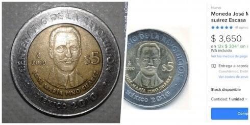 Venden hasta en 3 mil pesos moneda de 5 pesos con imagen de Pino Suárez.