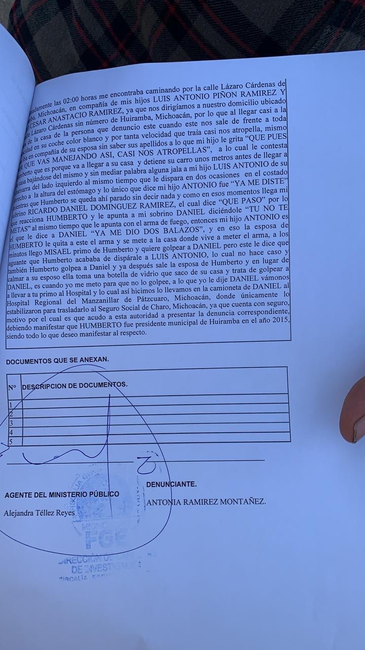 Denuncian a ex alcalde de Huiramba José Humberto García por presuntamente balear a una persona