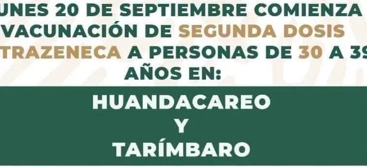 Este lunes inicia segunda dosis para población de 30 a 39 en Tarímbaro