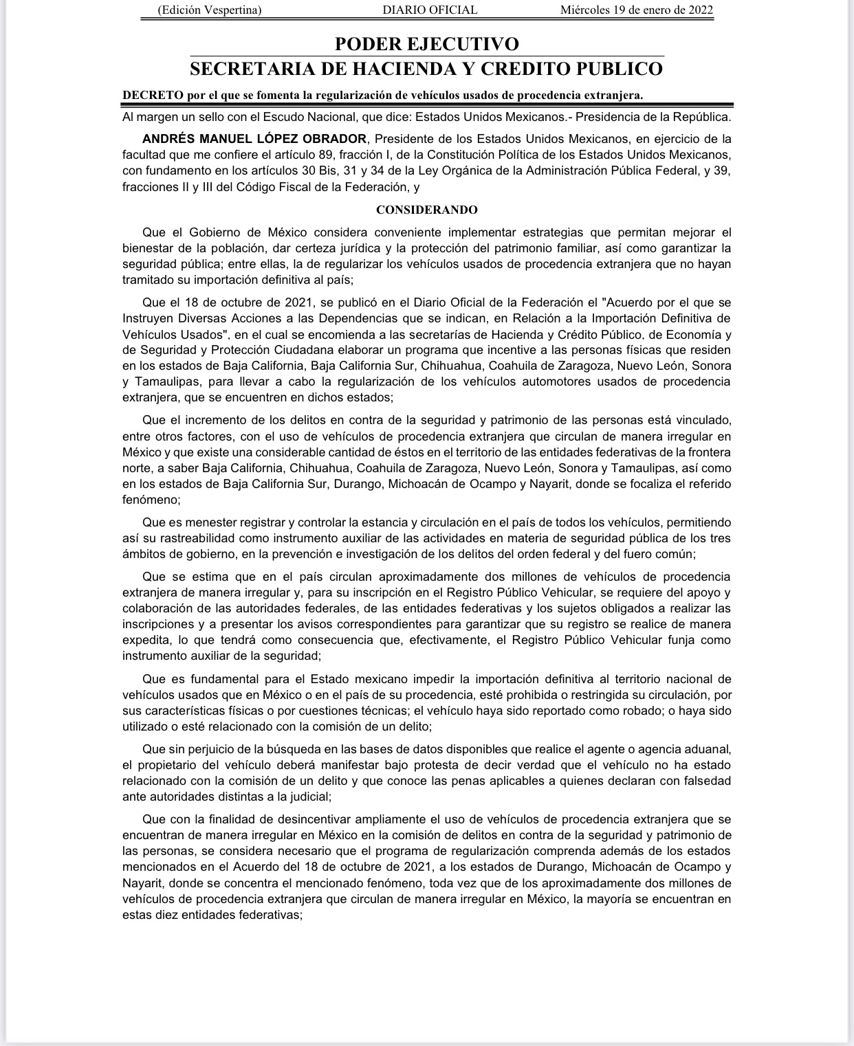 Entra en vigor decreto que incluye a Michoacán en programa para regularizar autos extranjeros