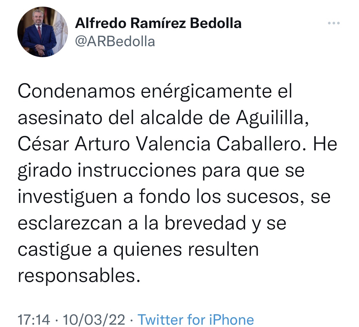 Condena Bedolla asesinato de alcalde de Aguililla