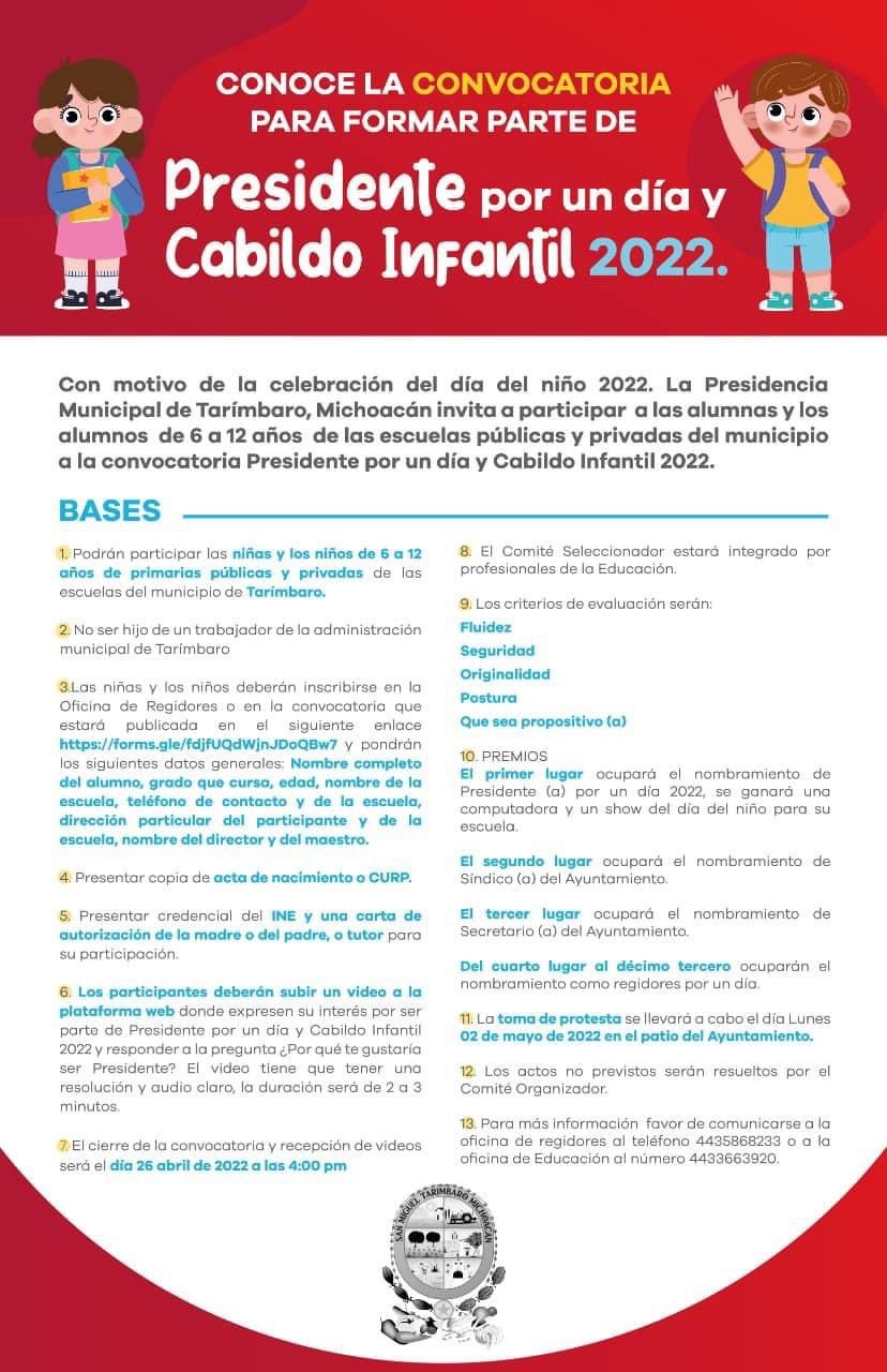 Convocan a niñas y niños tarimbarenses a ser Presidente o integrantes de Cabildo por un día